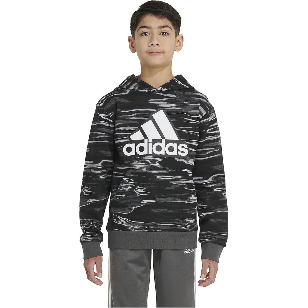 Adidas Hoodie Pullover Boys Size Small/8 Black Grey Camo NWT AA7765 Fleece Logo